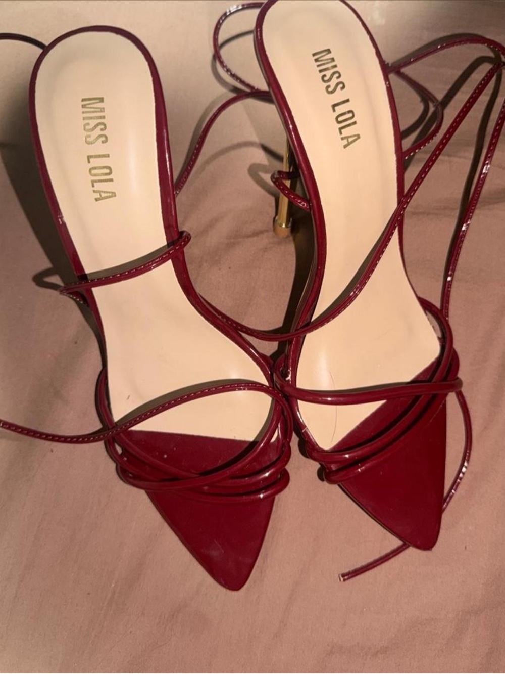 Miss Lola Burgundy Strappy Pointed-Toe Lace-Up Heels